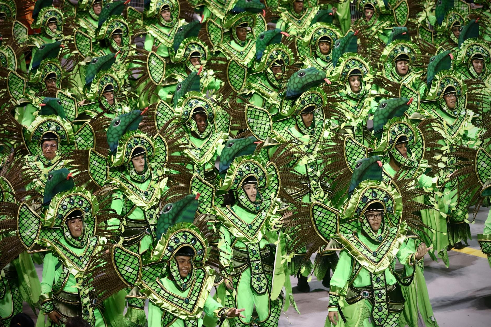 Desfile de escolas de samba no Carnaval no Brasil, fantasias coloridas em verde e motivos de aves.